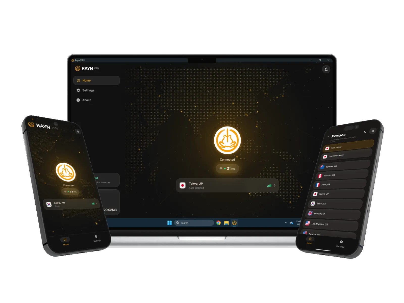The Rayn VPN client on a laptop and two phones, connected to Tokyo and Seoul